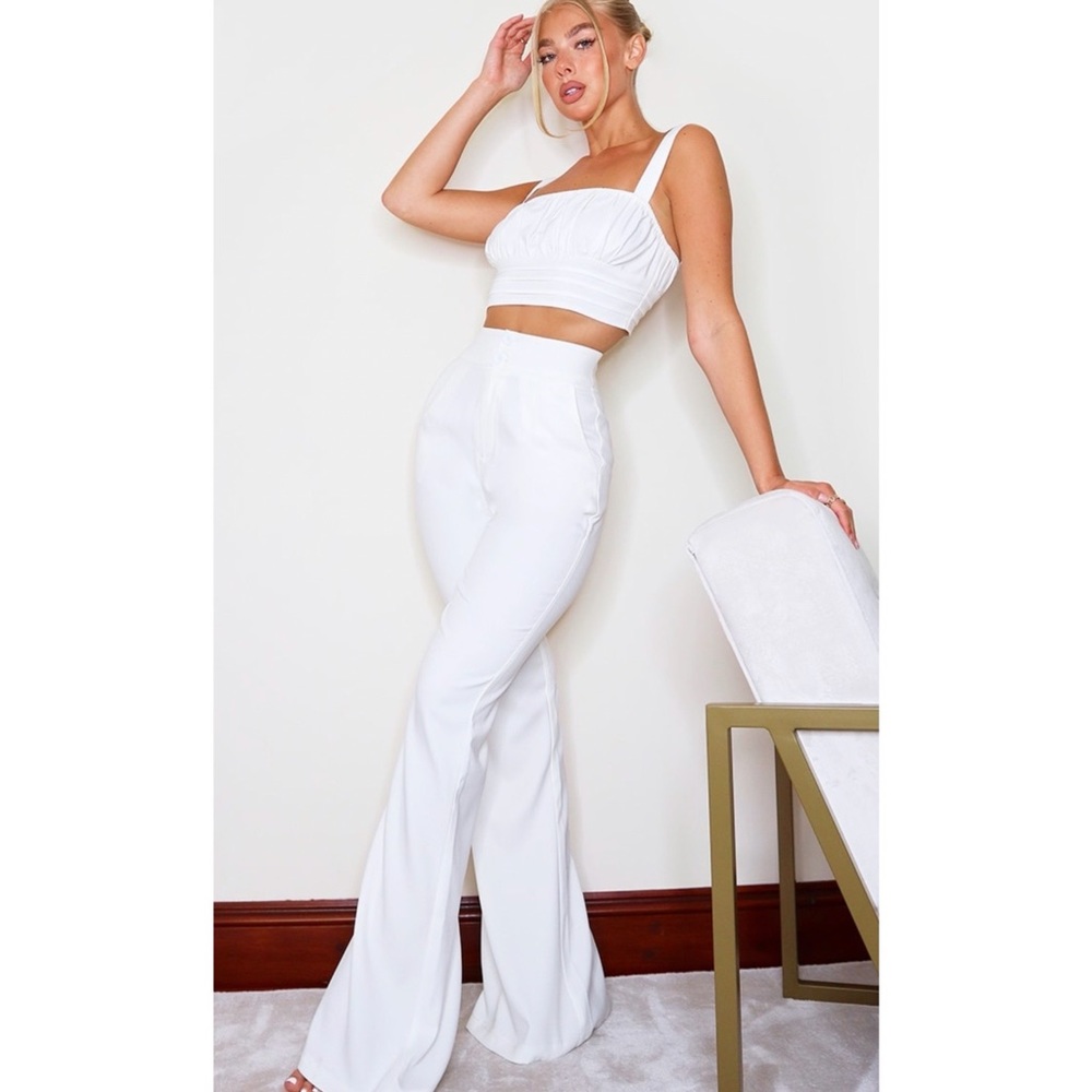 New White High Waisted Double Button Waist Flare